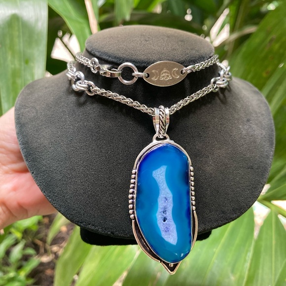 925 sterling silver overlay charm blue geode agate slice gemstone boho necklace - Picture 13 of 15